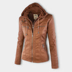 Women's Hooded Faux Leather Jacket – Ribbed Zip-Up Moto Jacket