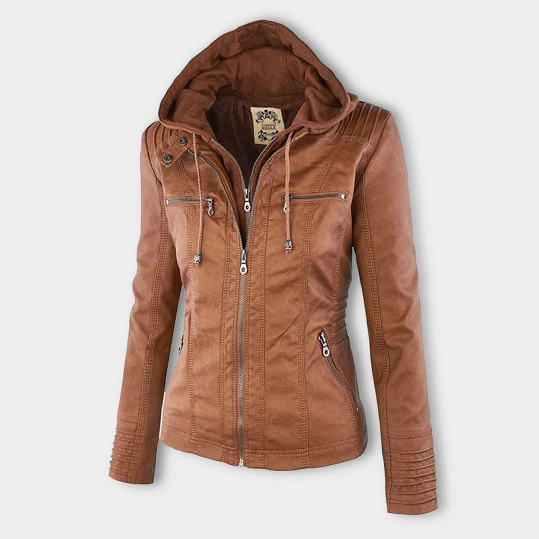 Women's Hooded Faux Leather Jacket – Ribbed Zip-Up Moto Jacket
