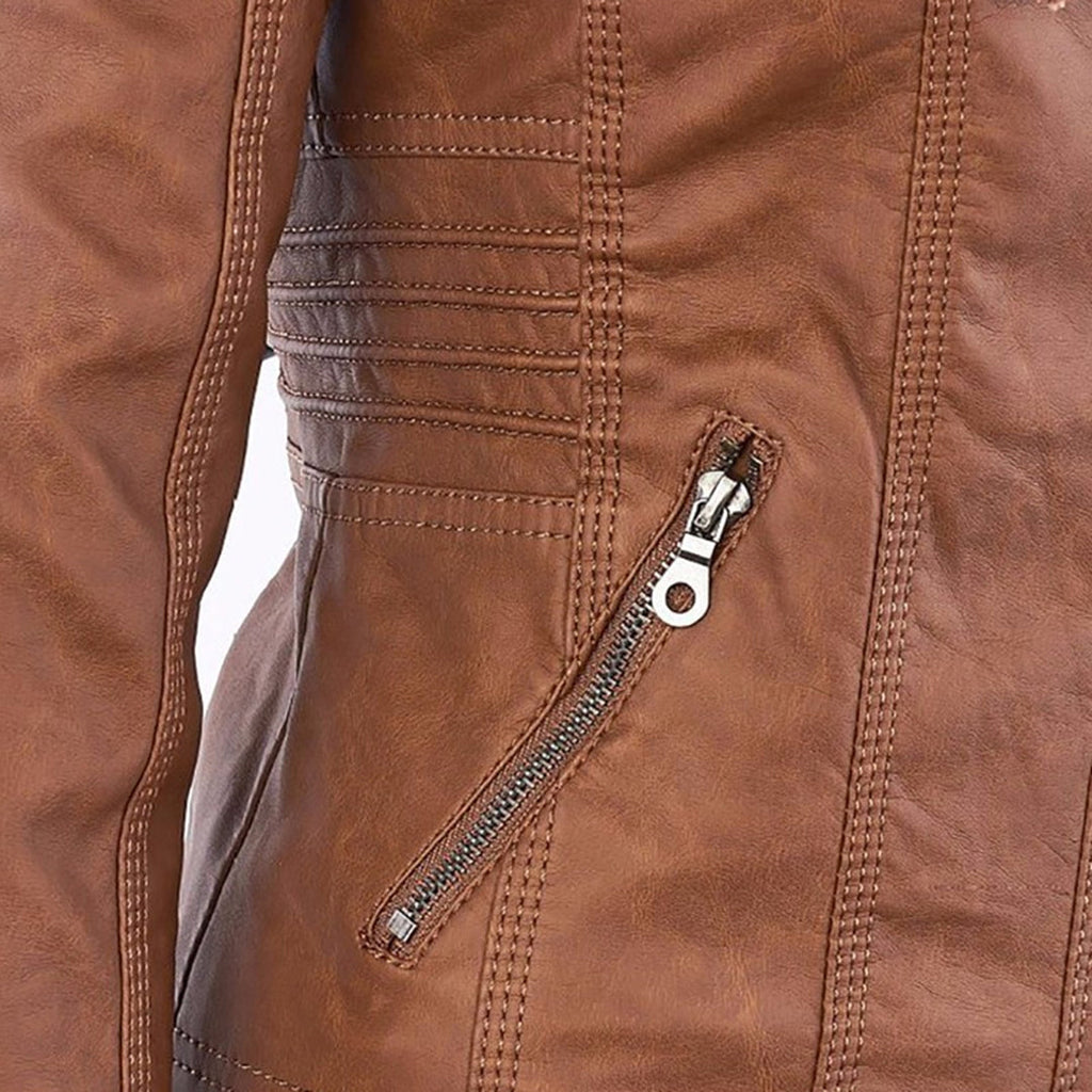 Women's Hooded Faux Leather Jacket – Ribbed Zip-Up Moto Jacket