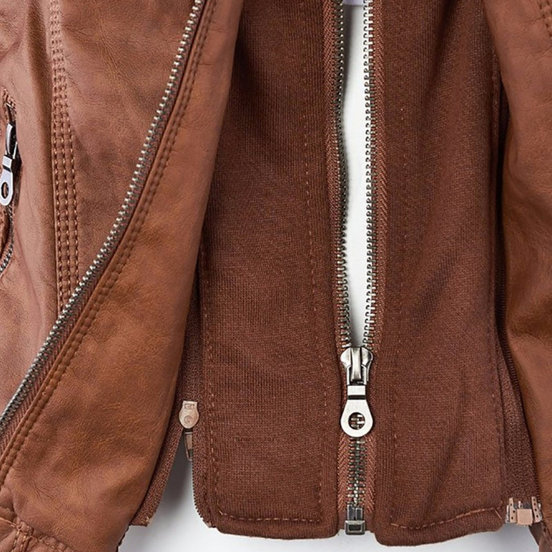 Women's Hooded Faux Leather Jacket – Ribbed Zip-Up Moto Jacket