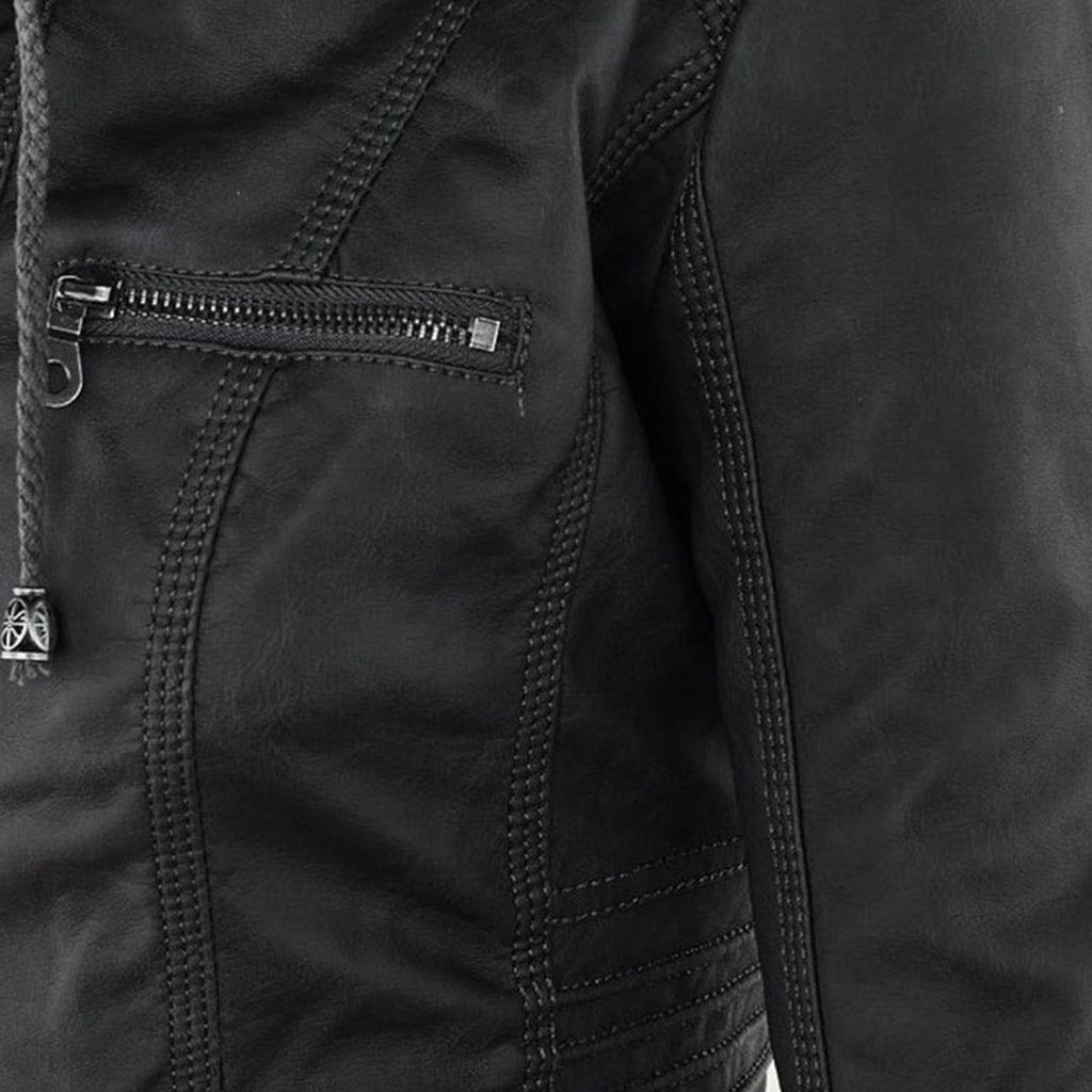 Women's Hooded Faux Leather Jacket – Ribbed Zip-Up Moto Jacket