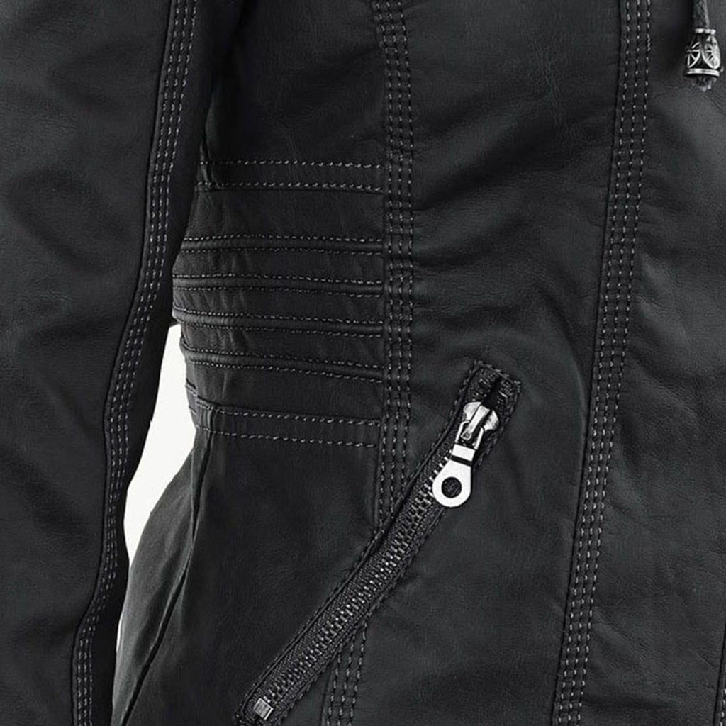Women's Hooded Faux Leather Jacket – Ribbed Zip-Up Moto Jacket