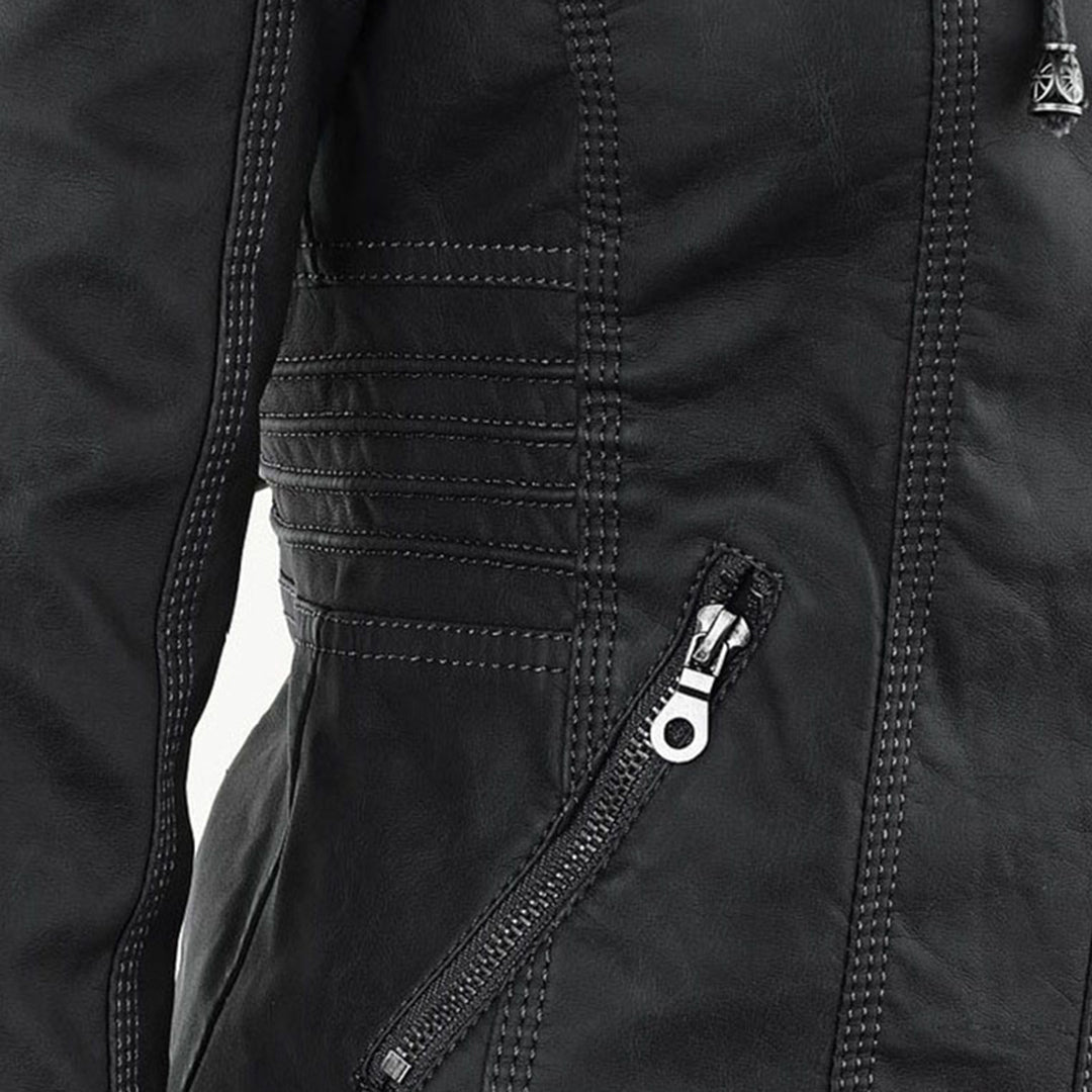 Women's Hooded Faux Leather Jacket – Ribbed Zip-Up Moto Jacket