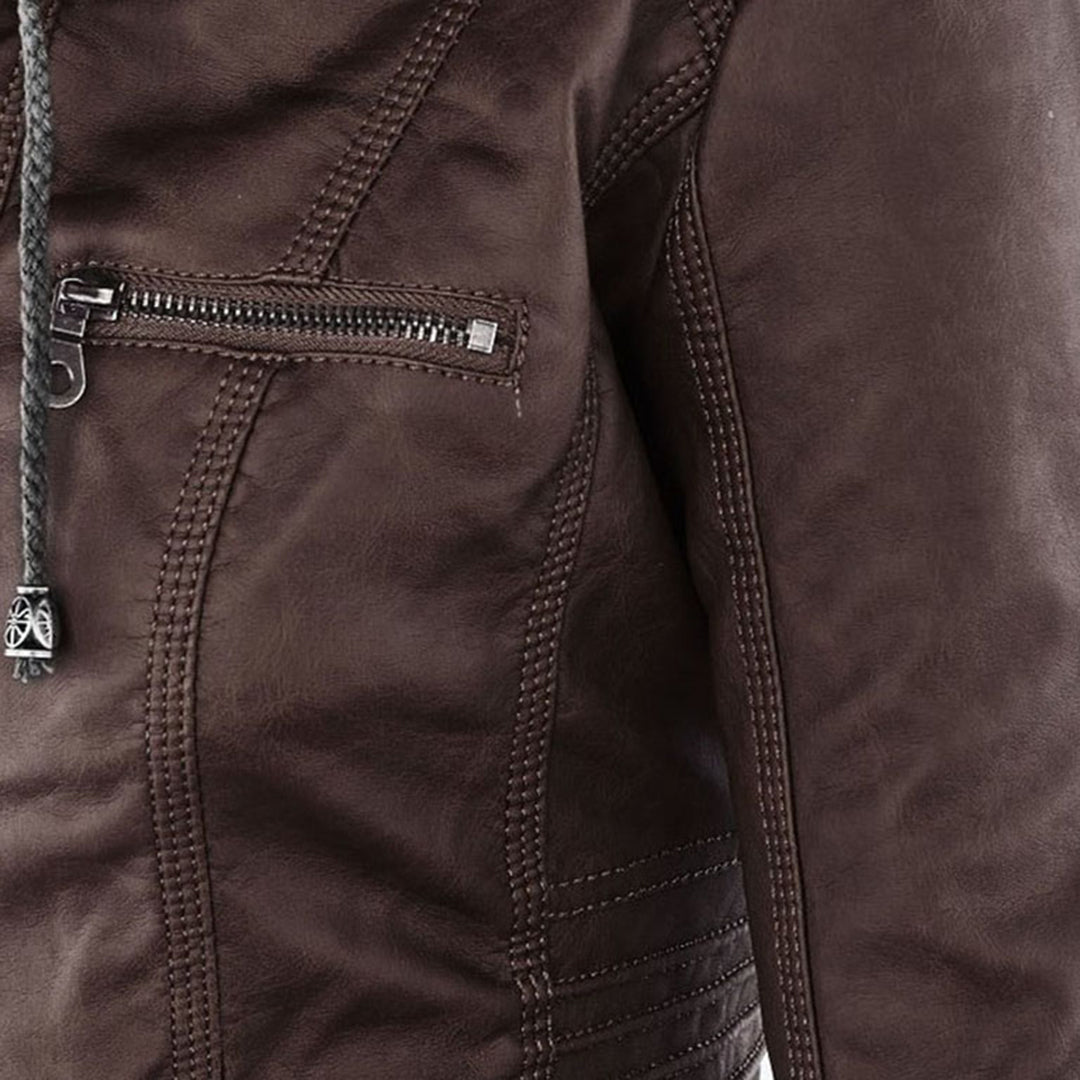 Women's Hooded Faux Leather Jacket – Ribbed Zip-Up Moto Jacket