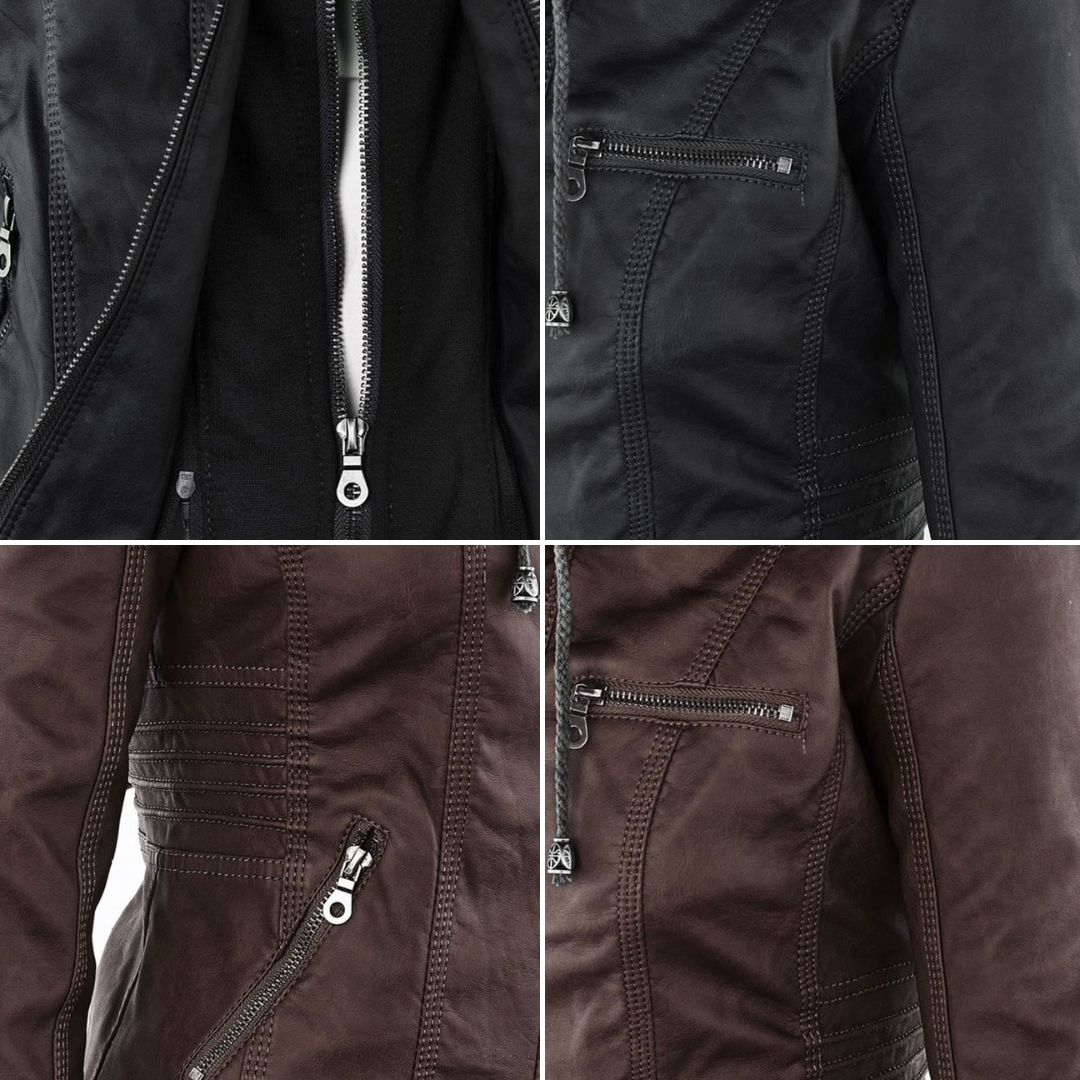 Women's Hooded Faux Leather Jacket – Ribbed Zip-Up Moto Jacket