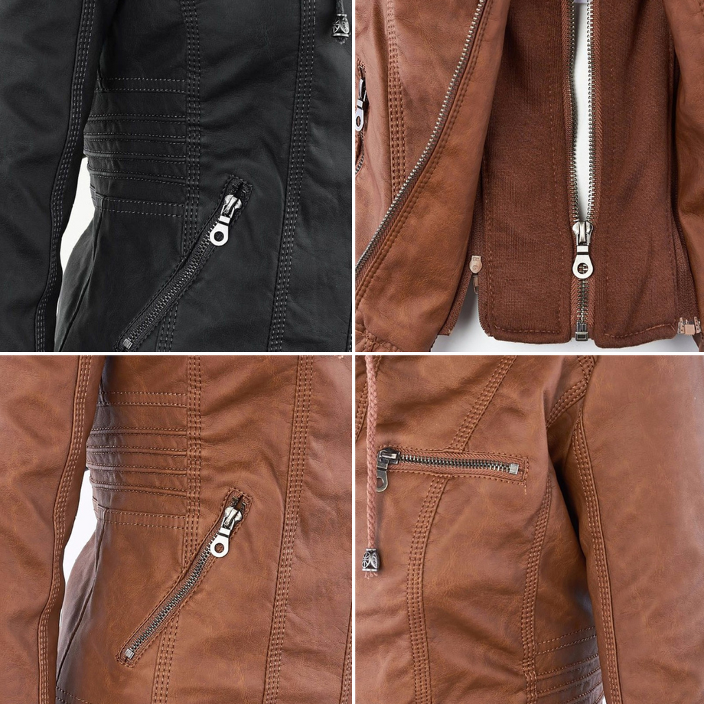 Women's Hooded Faux Leather Jacket – Ribbed Zip-Up Moto Jacket