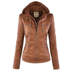 Women's Hooded Faux Leather Jacket – Ribbed Zip-Up Moto Jacket