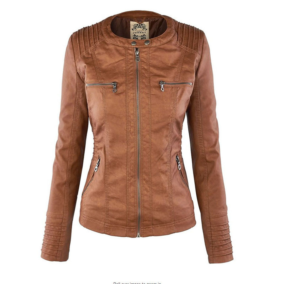 Women's Hooded Faux Leather Jacket – Ribbed Zip-Up Moto Jacket