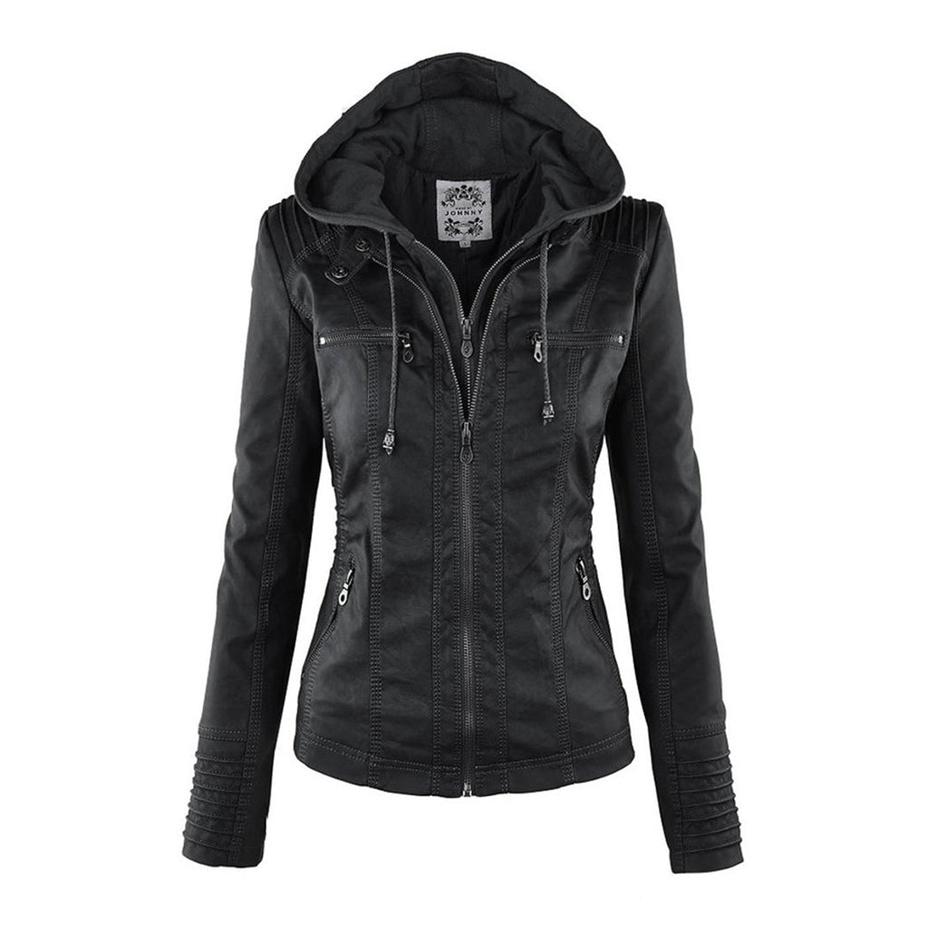 Women's Hooded Faux Leather Jacket – Ribbed Zip-Up Moto Jacket