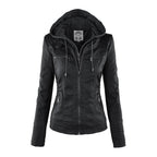 Women's Hooded Faux Leather Jacket – Ribbed Zip-Up Moto Jacket