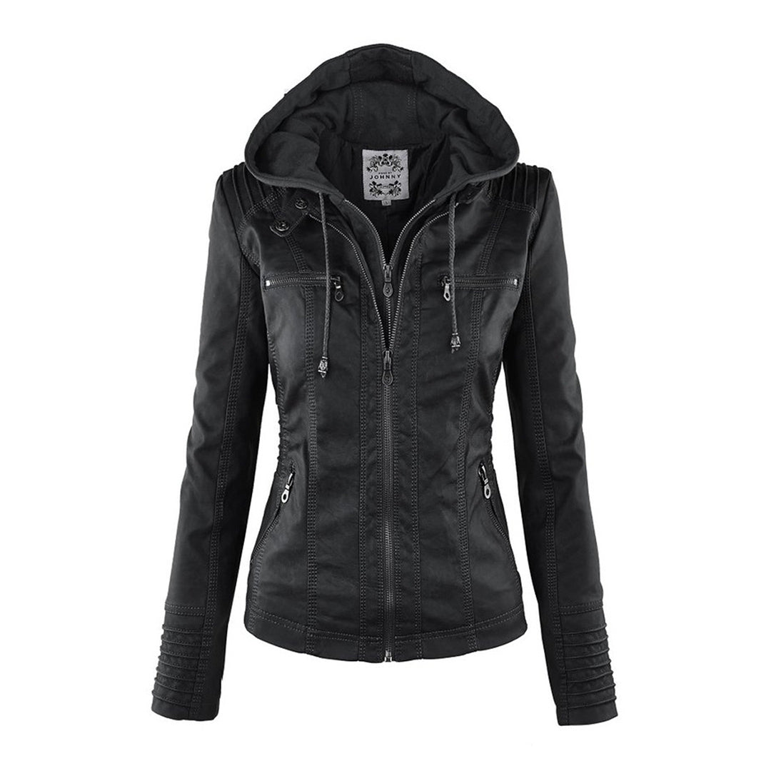 Women's Hooded Faux Leather Jacket – Ribbed Zip-Up Moto Jacket