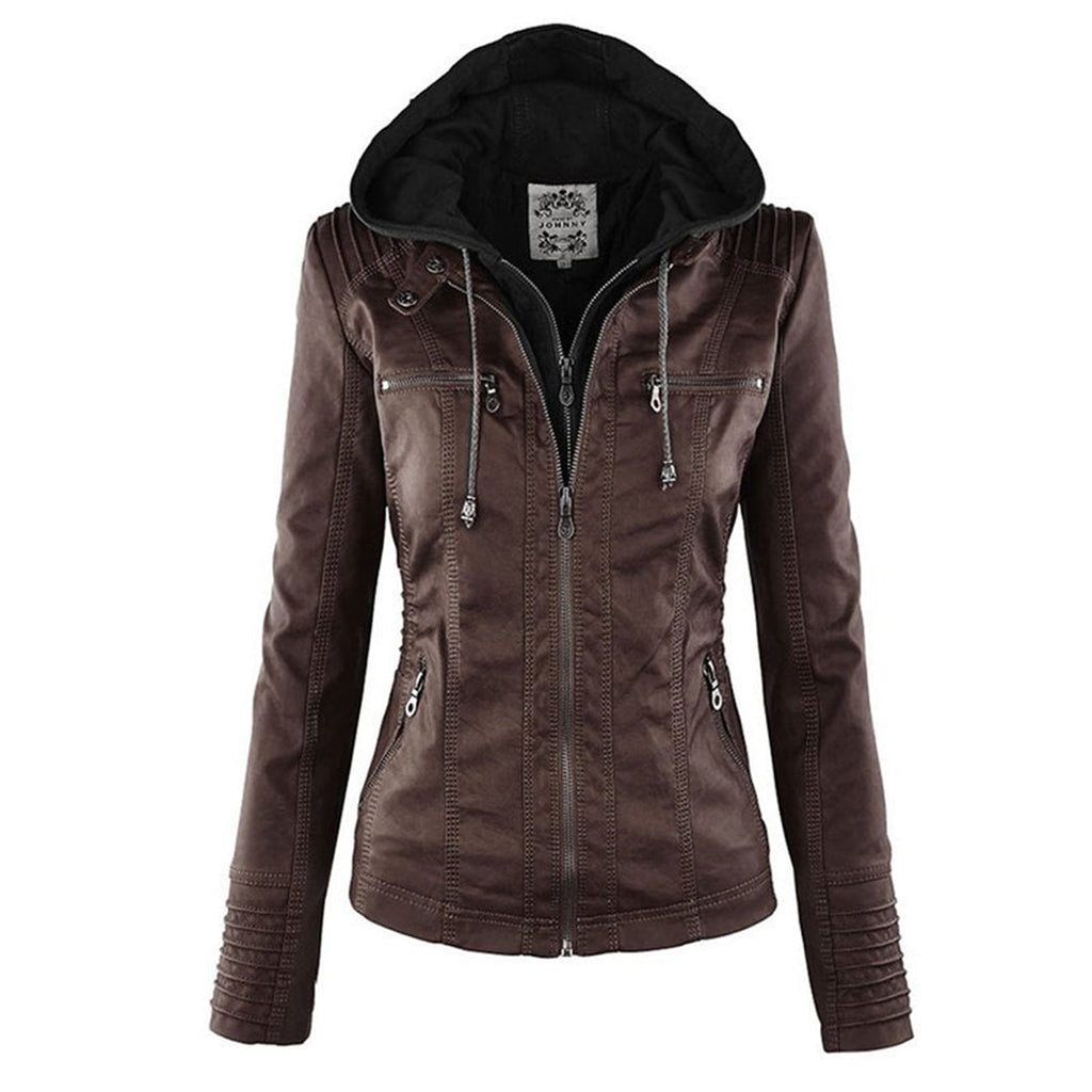 Women's Hooded Faux Leather Jacket – Ribbed Zip-Up Moto Jacket