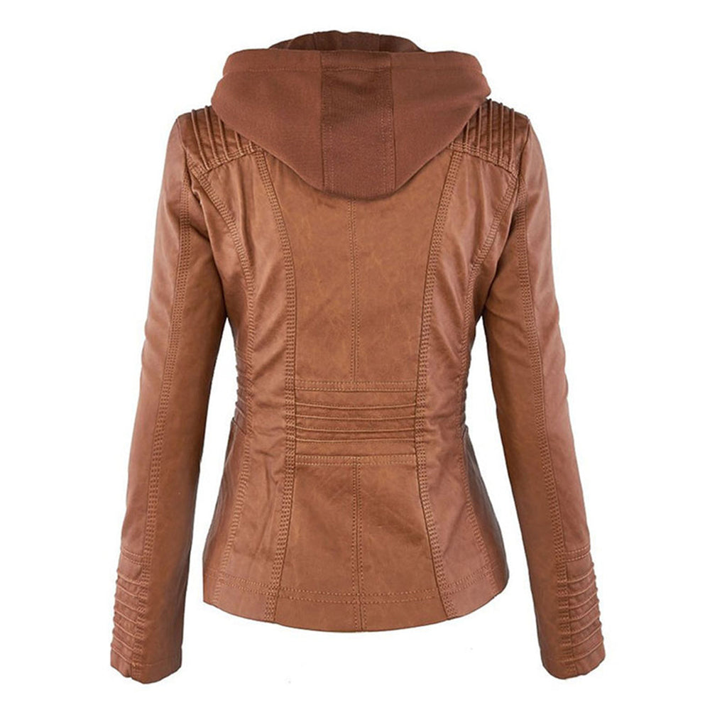 Women's Hooded Faux Leather Jacket – Ribbed Zip-Up Moto Jacket