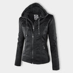 Women's Hooded Faux Leather Jacket – Ribbed Zip-Up Moto Jacket