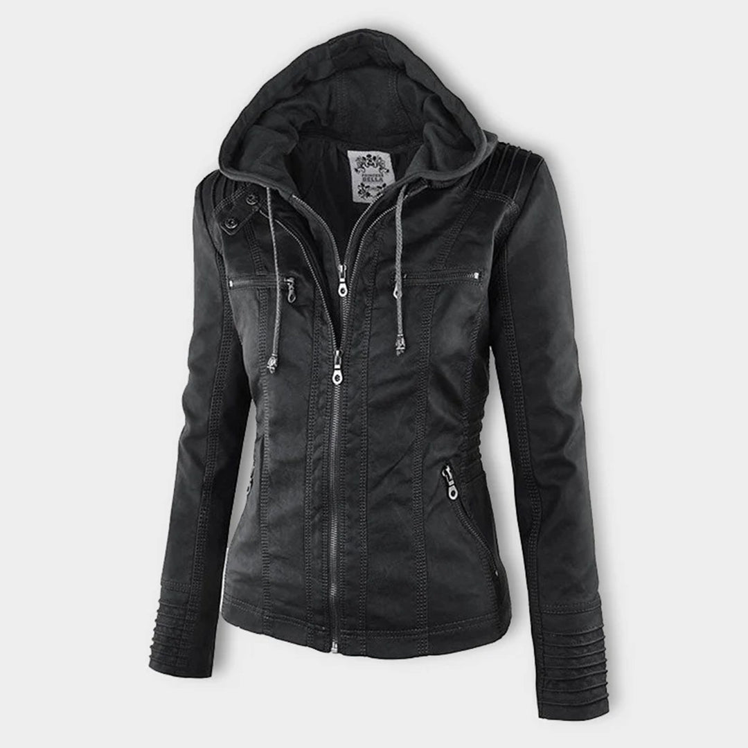 Women's Hooded Faux Leather Jacket – Ribbed Zip-Up Moto Jacket