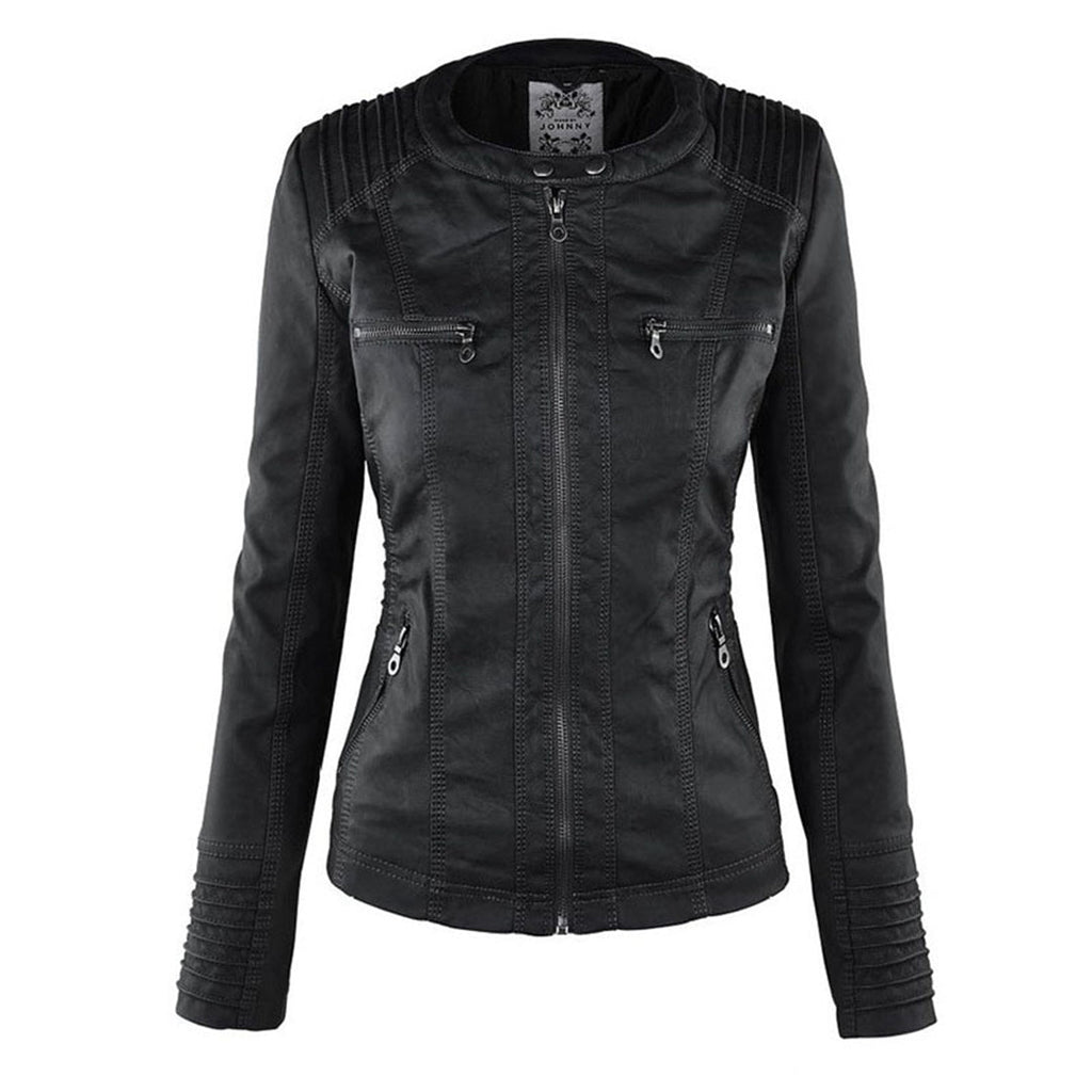 Women's Hooded Faux Leather Jacket – Ribbed Zip-Up Moto Jacket