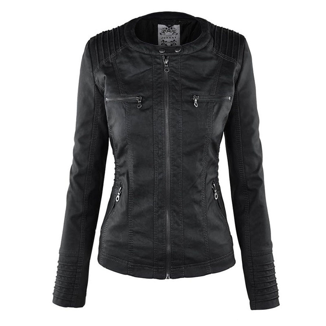 Women's Hooded Faux Leather Jacket – Ribbed Zip-Up Moto Jacket