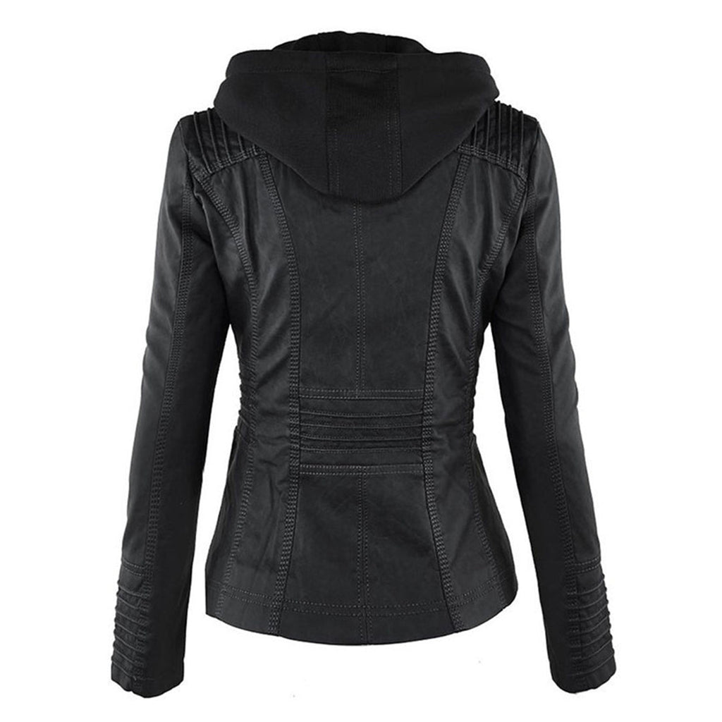 Women's Hooded Faux Leather Jacket – Ribbed Zip-Up Moto Jacket