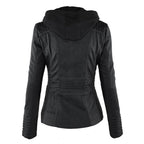 Women's Hooded Faux Leather Jacket – Ribbed Zip-Up Moto Jacket