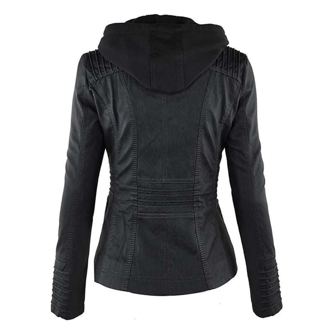 Women's Hooded Faux Leather Jacket – Ribbed Zip-Up Moto Jacket