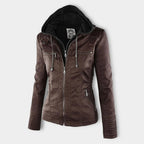 Women's Hooded Faux Leather Jacket – Ribbed Zip-Up Moto Jacket