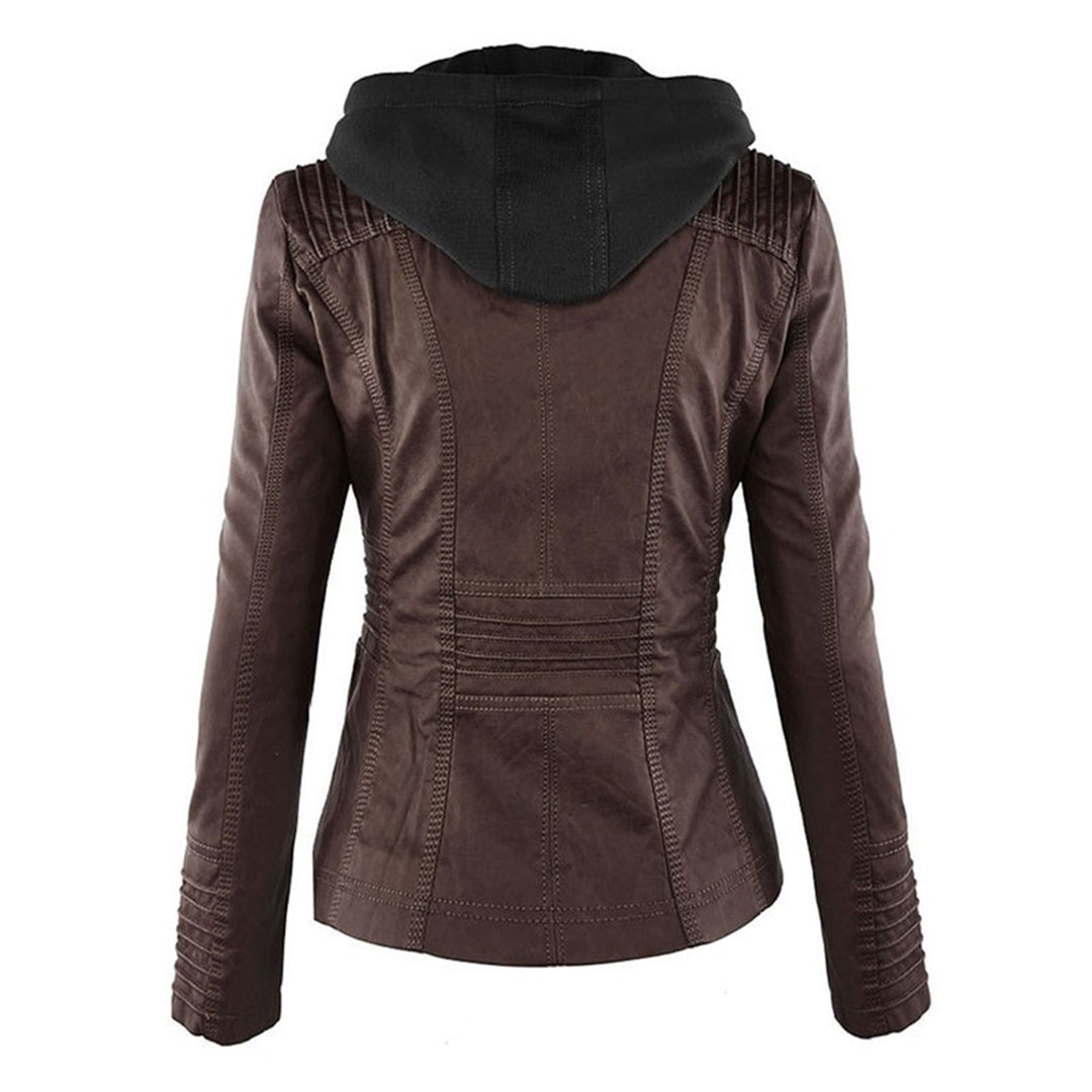 Women's Hooded Faux Leather Jacket – Ribbed Zip-Up Moto Jacket