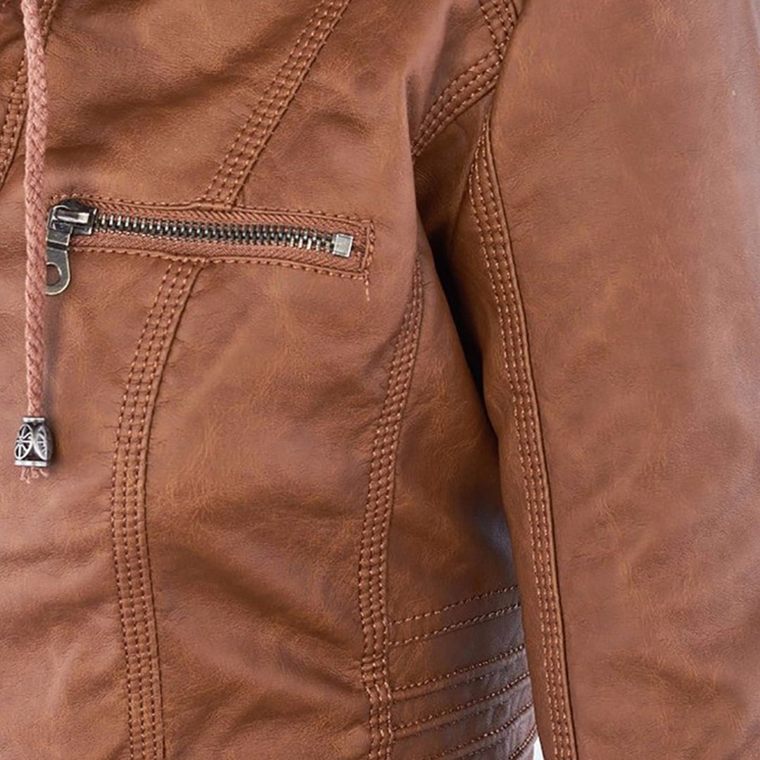 Women's Hooded Faux Leather Jacket – Ribbed Zip-Up Moto Jacket