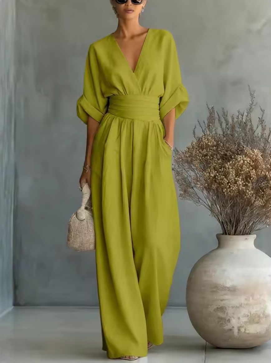 Women's Kimono Sleeve Wrap Jumpsuit – V-Neck Wide Leg Summer Jumpsuit