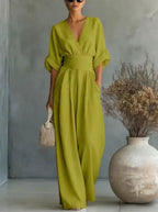 Women's Kimono Sleeve Wrap Jumpsuit – V-Neck Wide Leg Summer Jumpsuit