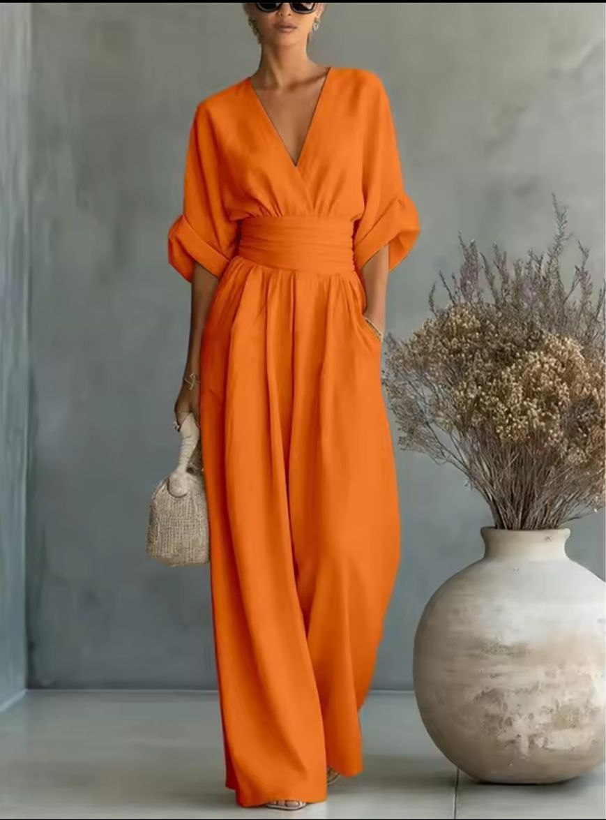 Women's Kimono Sleeve Wrap Jumpsuit – V-Neck Wide Leg Summer Jumpsuit