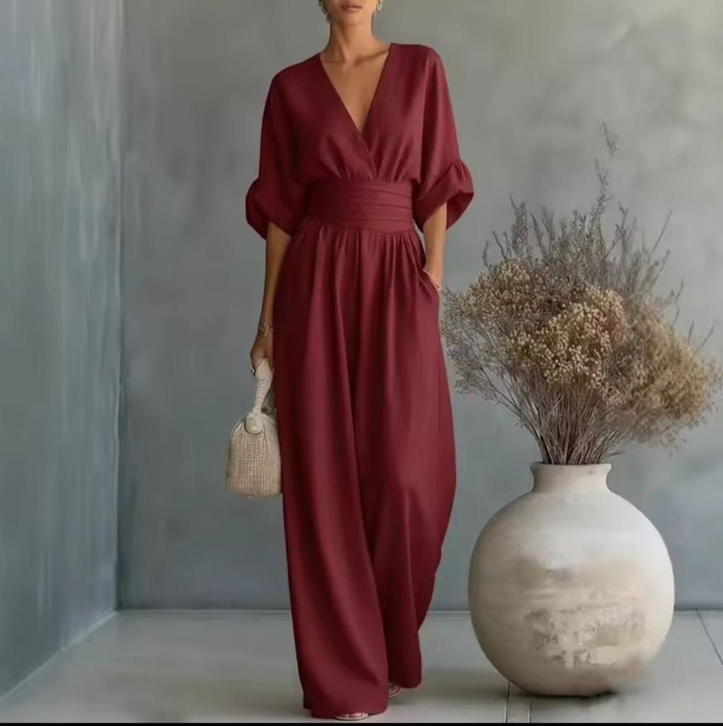 Women's Kimono Sleeve Wrap Jumpsuit – V-Neck Wide Leg Summer Jumpsuit