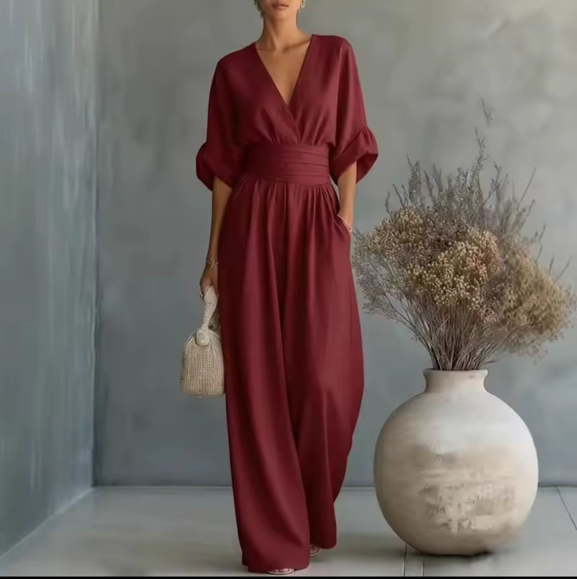 Women's Kimono Sleeve Wrap Jumpsuit – V-Neck Wide Leg Summer Jumpsuit