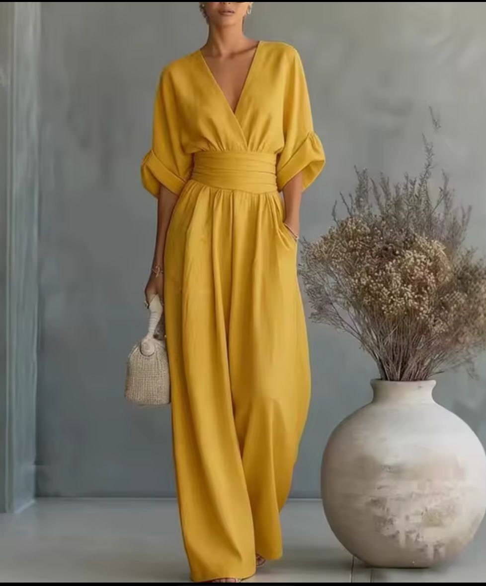 Women's Kimono Sleeve Wrap Jumpsuit – V-Neck Wide Leg Summer Jumpsuit