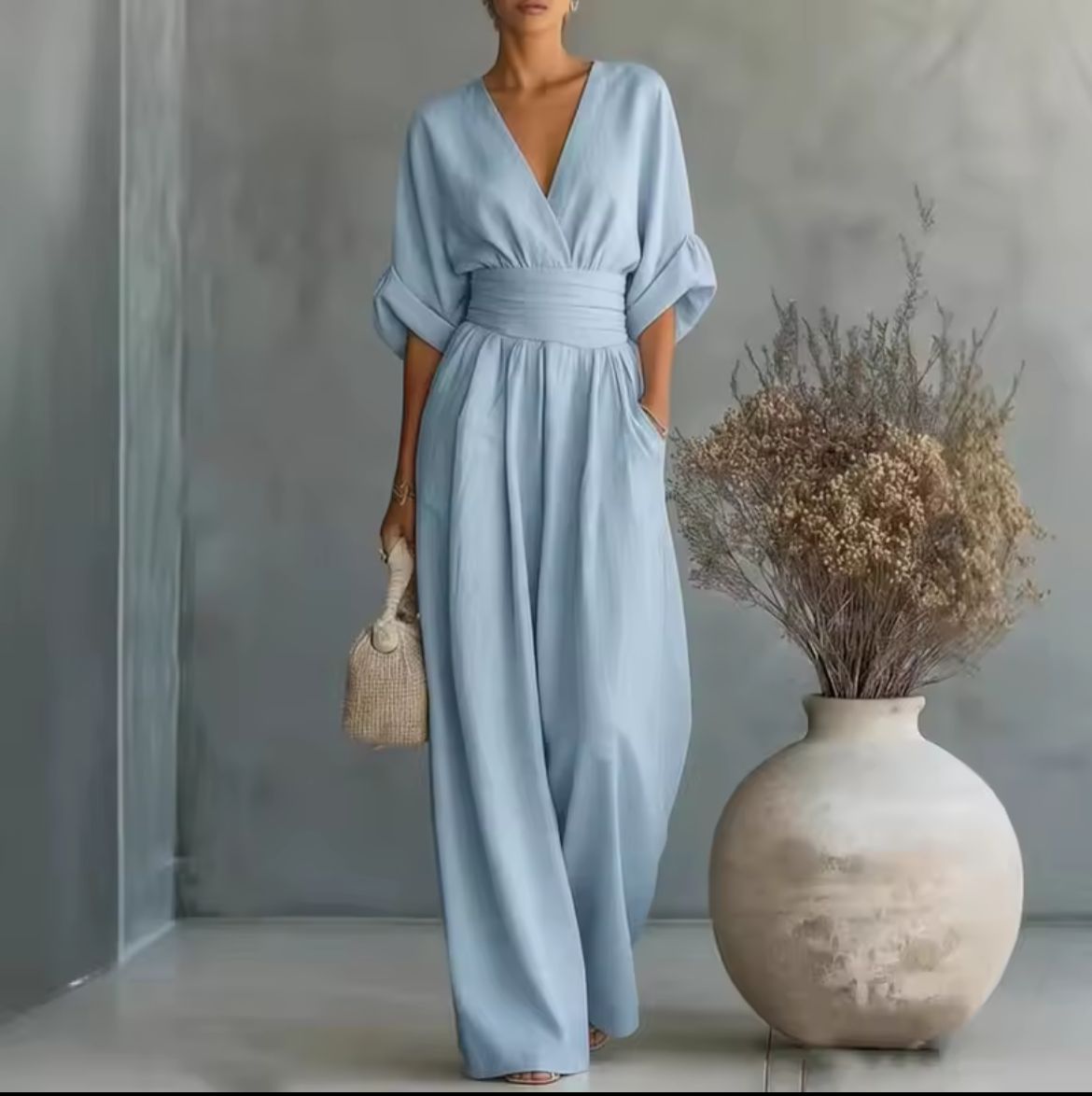 Women's Kimono Sleeve Wrap Jumpsuit – V-Neck Wide Leg Summer Jumpsuit