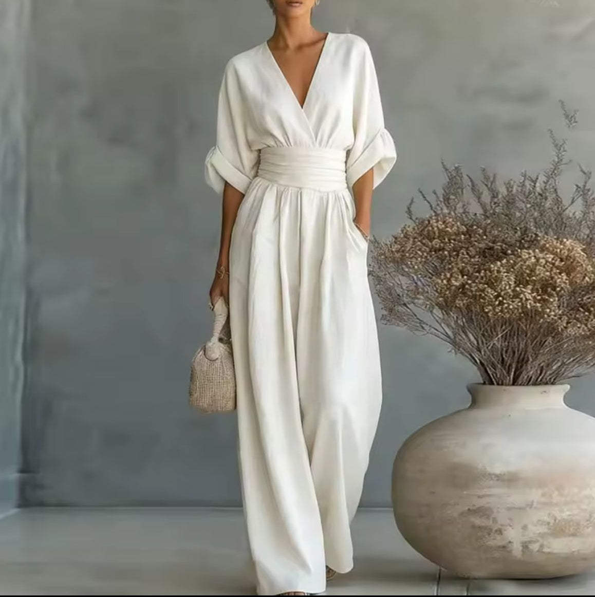 Women's Kimono Sleeve Wrap Jumpsuit – V-Neck Wide Leg Summer Jumpsuit