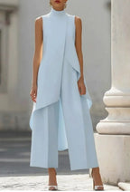 Women's Sleeveless Layered Jumpsuit – High Neck Asymmetrical Wide Leg Jumpsuit