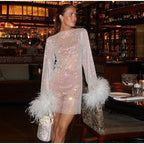 Women's Feather Trim Party Dress – Sheer Statement Evening Dress