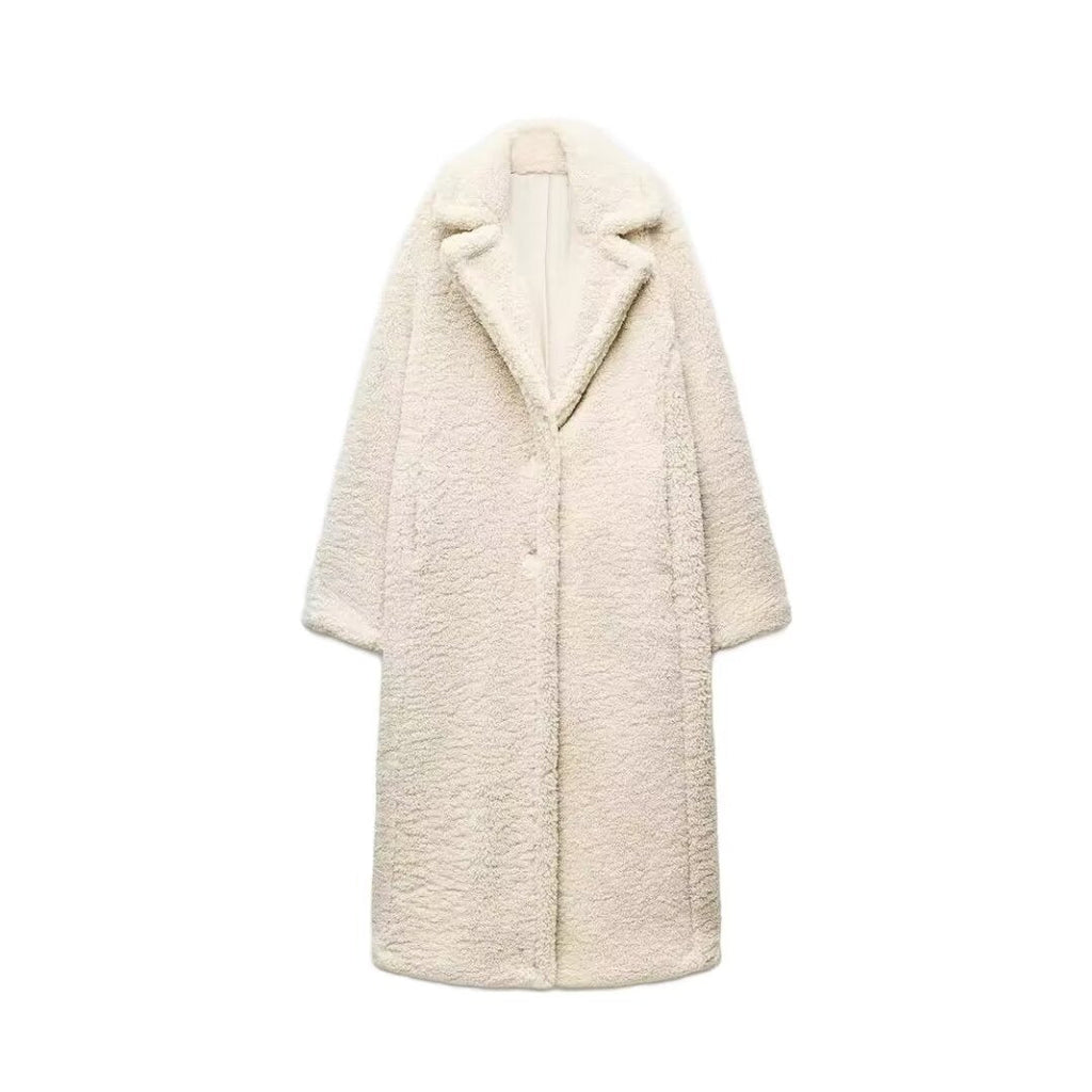 Women's Plush Teddy Coat – Long Lapel Button Front Winter Coat