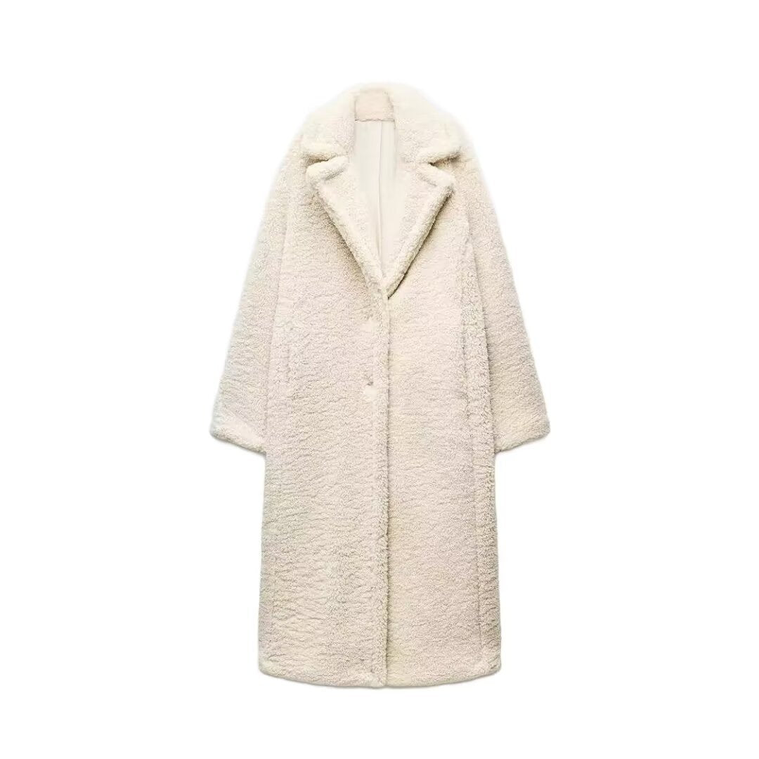 Women's Plush Teddy Coat – Long Lapel Button Front Winter Coat