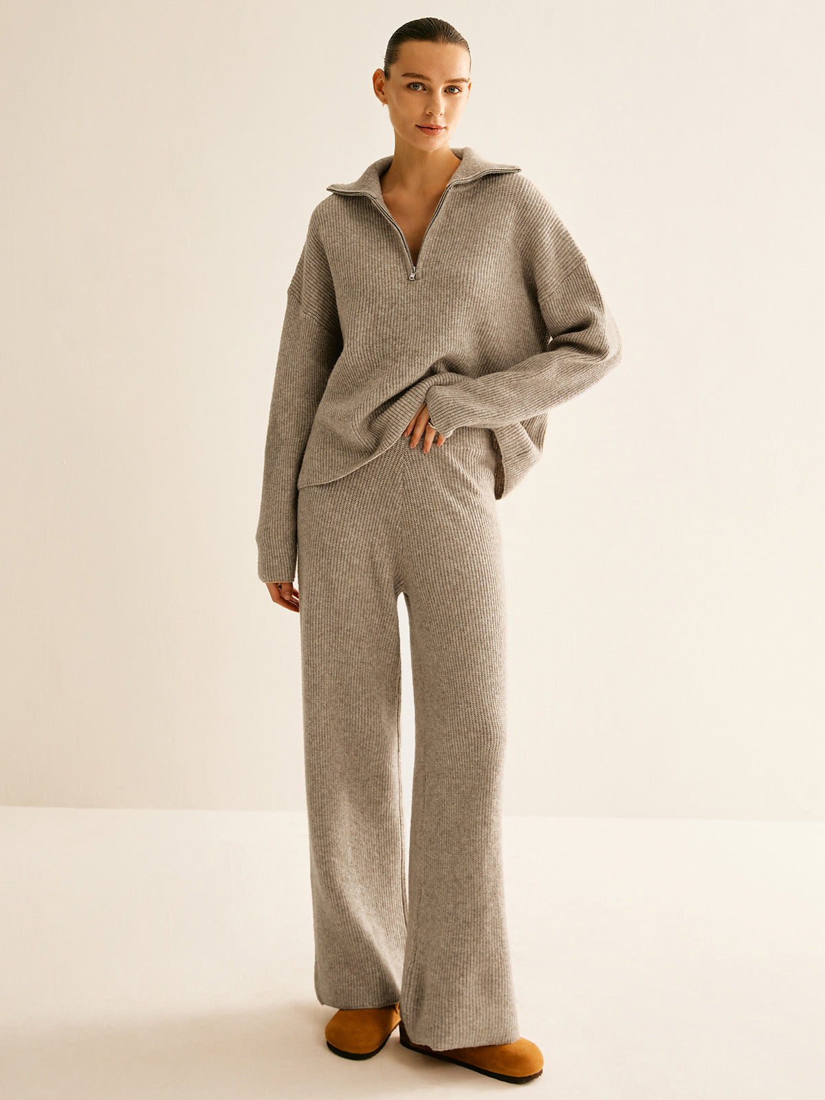 Women's Ribbed Quarter-Zip Sweater – High Stand Collar Long Sleeve Pullover