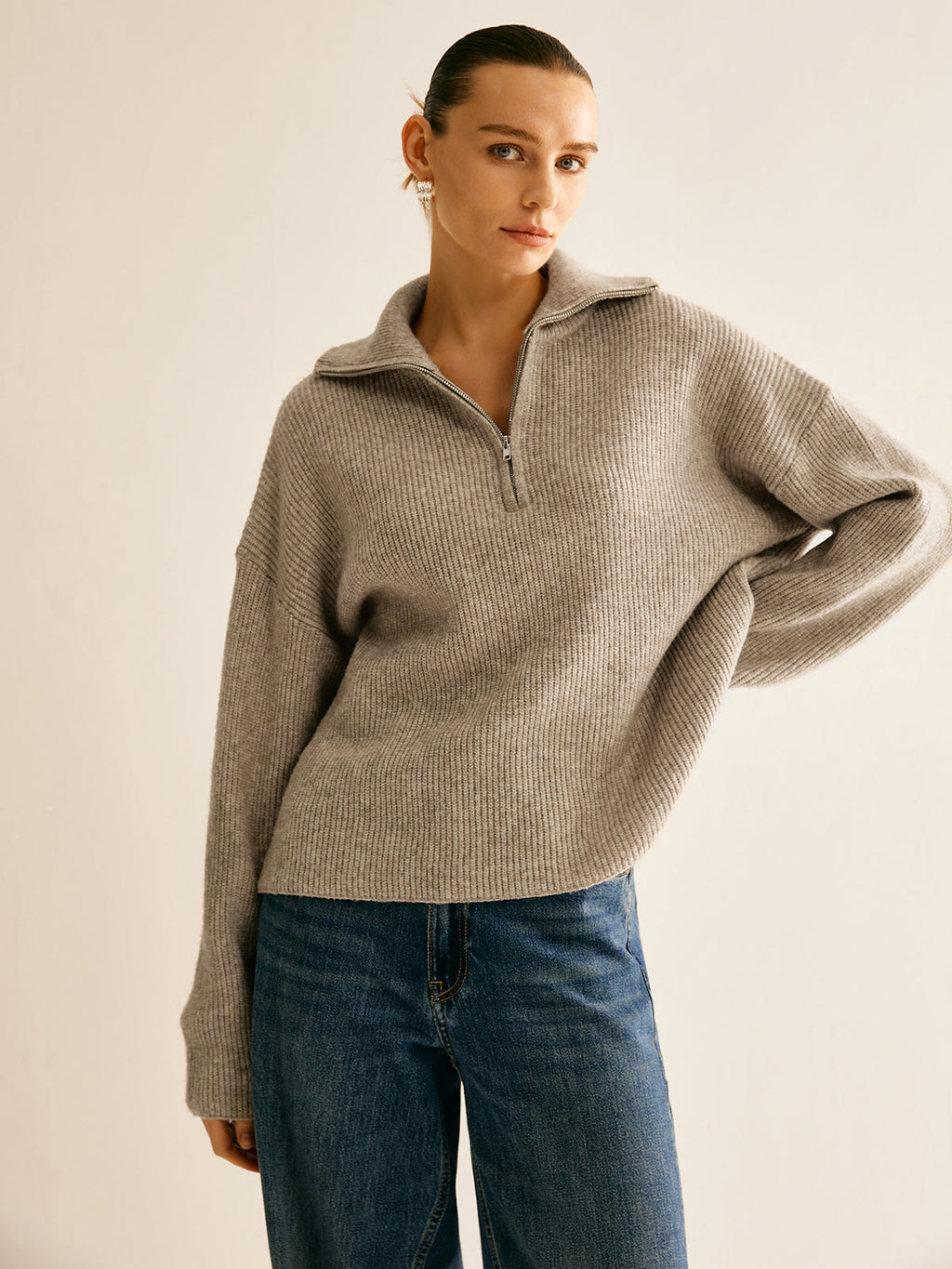 Women's Ribbed Quarter-Zip Sweater – High Stand Collar Long Sleeve Pullover