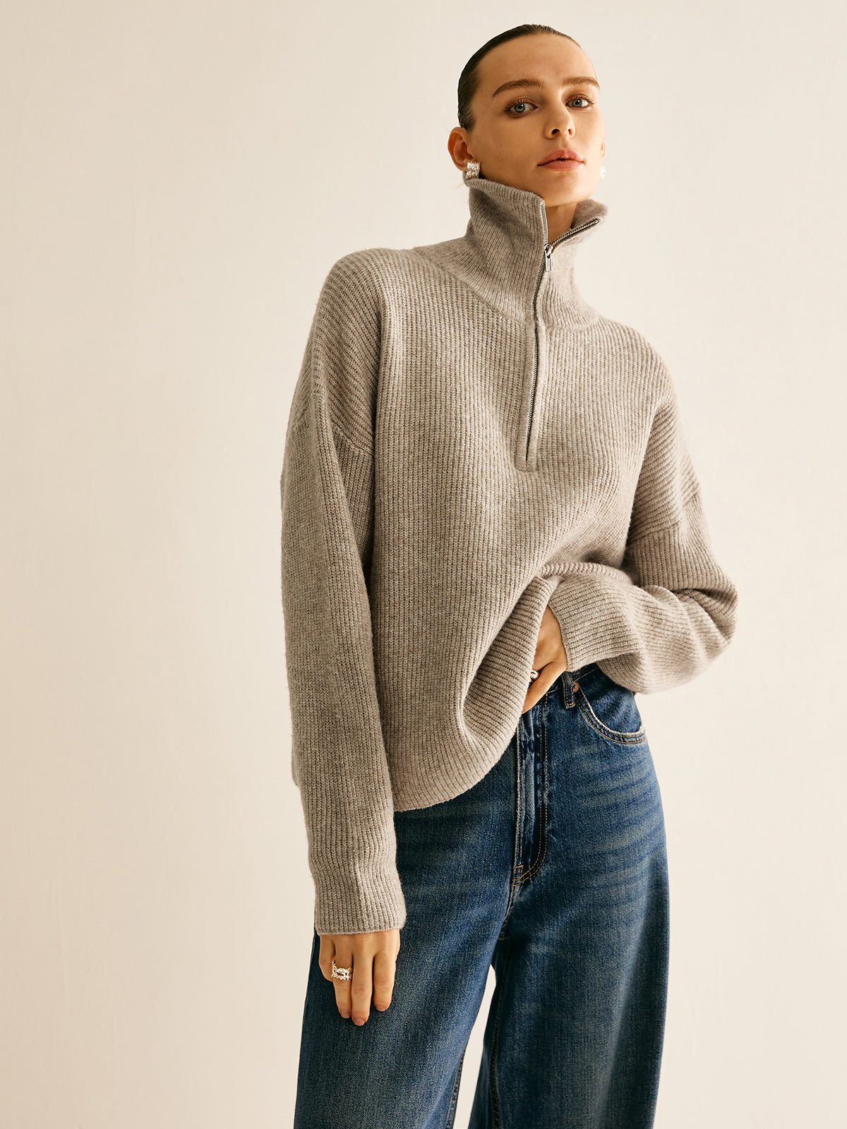 Women's Ribbed Quarter-Zip Sweater – High Stand Collar Long Sleeve Pullover