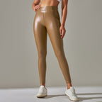 Women's High Waist Shiny Leggings – Fitted Stretch Leather Look Leggings