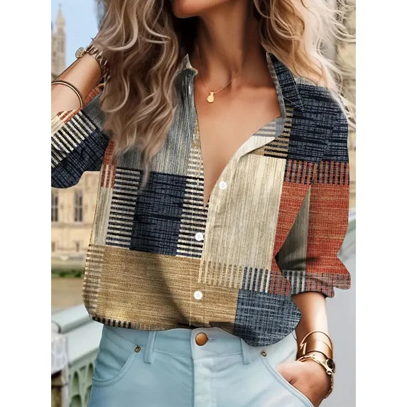 Women's Patchwork Print Blouse – Relaxed Button Front Boho Blouse