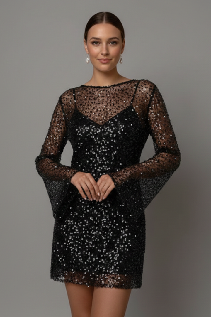 Women's Mesh Mini Dress – Long Sleeve Party Dress