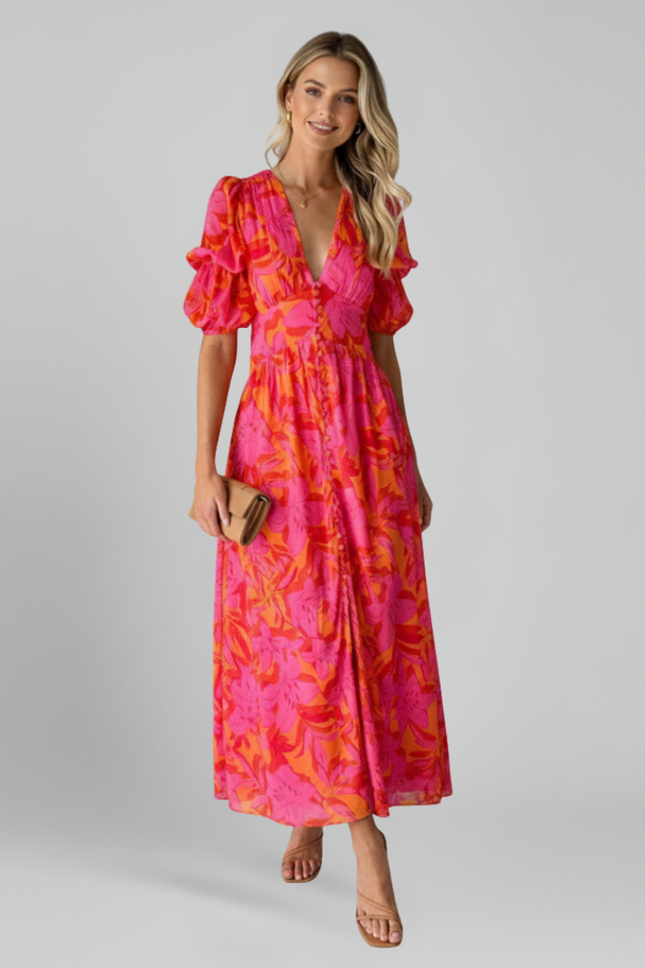 Women's Puff Sleeve Maxi Dress – V-Neck Dress