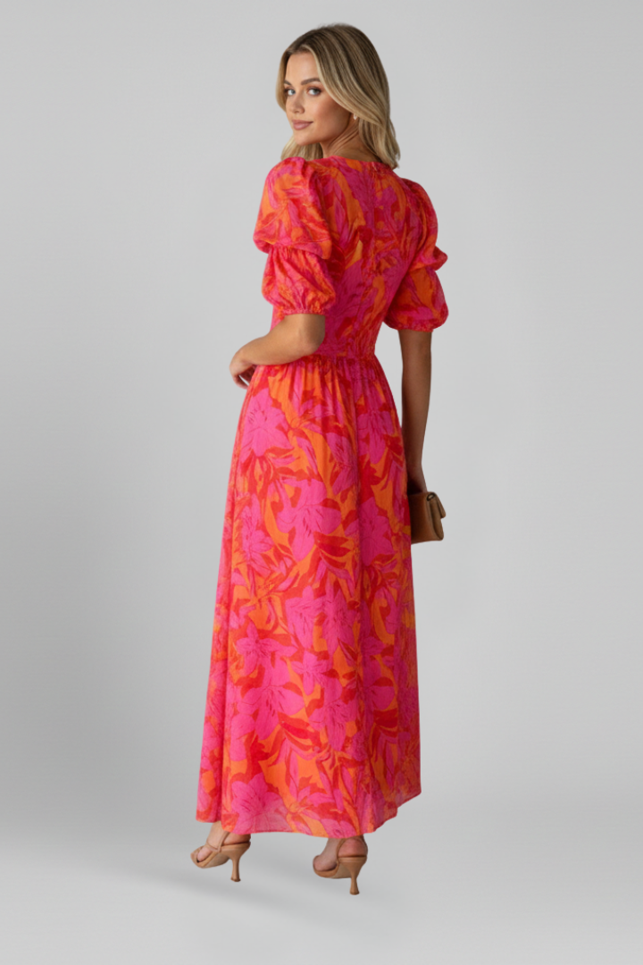 Women's Puff Sleeve Maxi Dress – V-Neck Dress