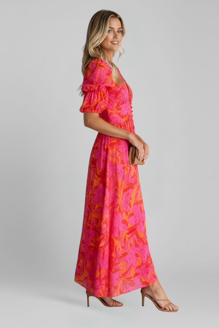 Women's Puff Sleeve Maxi Dress – V-Neck Dress