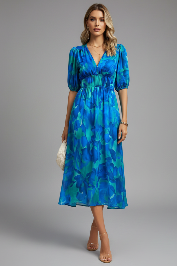 Women's Floral Midi Dress – Puff Sleeve Dress