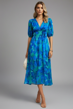 Women's Floral Midi Dress – Puff Sleeve Dress